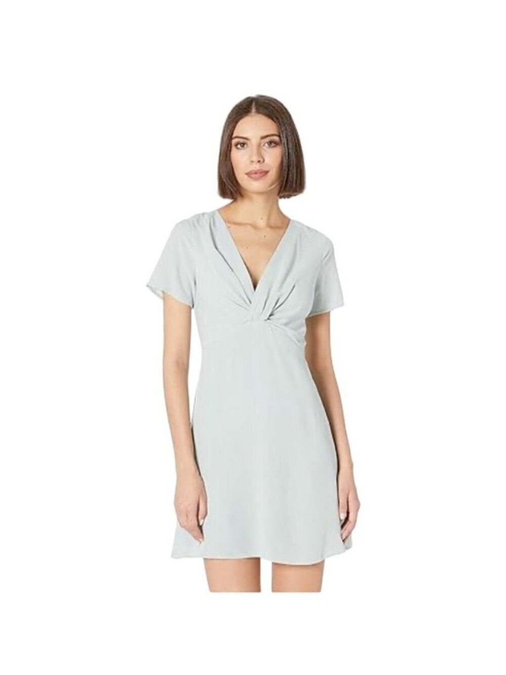 Everly Light Blue Green Linen Twist Front Short Sleeve A-line dress